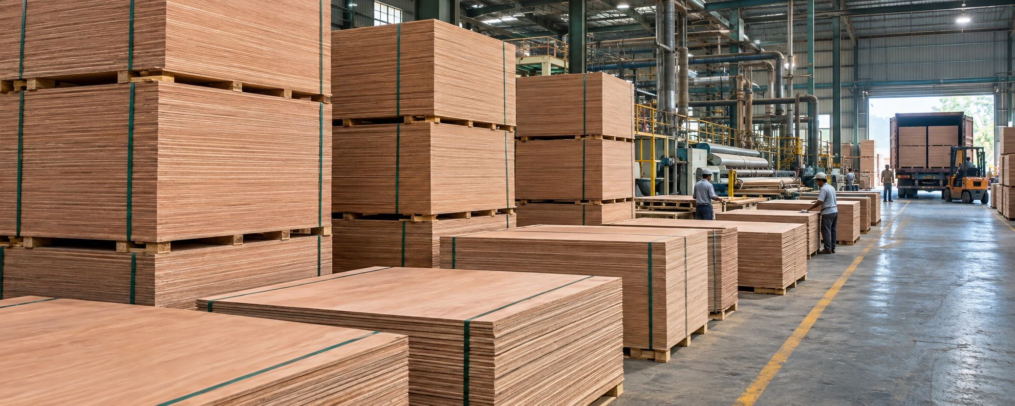 Finished plywood stock stacked for dispatch inside an OEM production factory